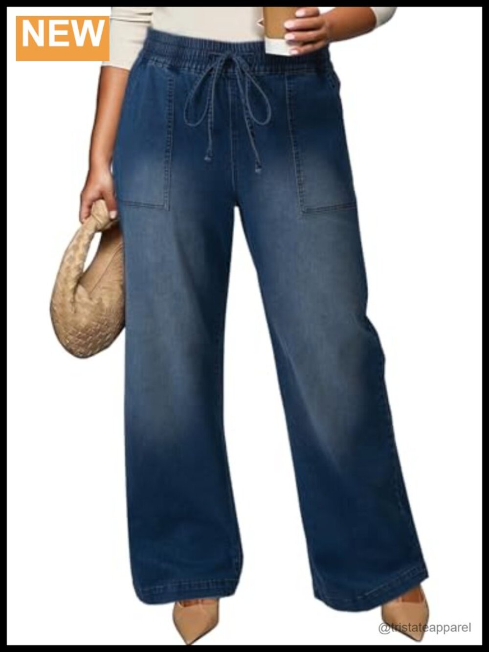 Womens Plus Size Wide Leg Jeans High Waisted Drawstring Stretchy Denim Pants